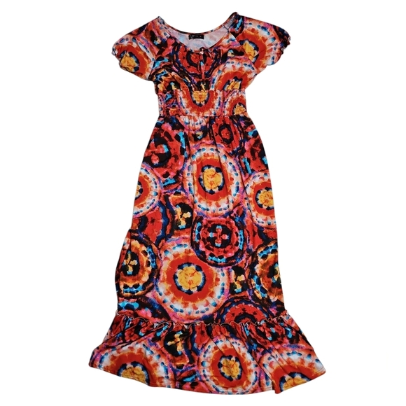 Love Large Vibrant Red Kaleidoscope Maxi Tiered Dress Festival Vacation Y2K - Picture 2 of 10